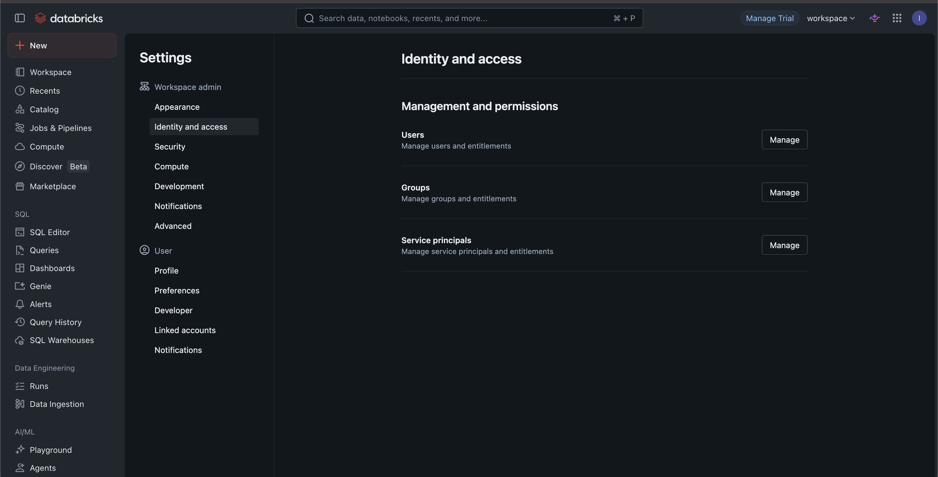 Workspace Settings showing Identity and access section